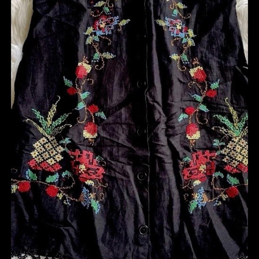 FARM Rio Dress Midi NWT Black Linen XL Cross Stitch Embroidery Puff Sleeve Vee - Picture 9 of 16